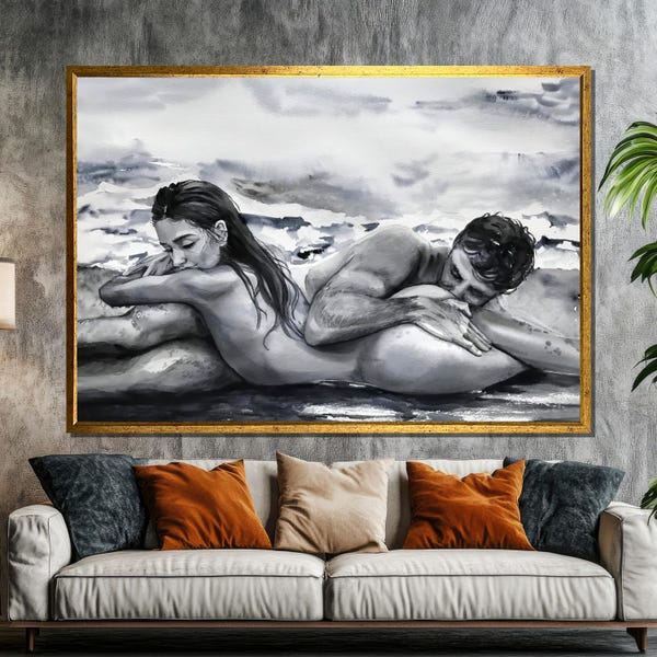 Intimate Couple Beach Canvas Painting, Black and White Romantic Art,Lovers on Shoreline, Sensual Wall Decor, Unique Gift for Love Expression