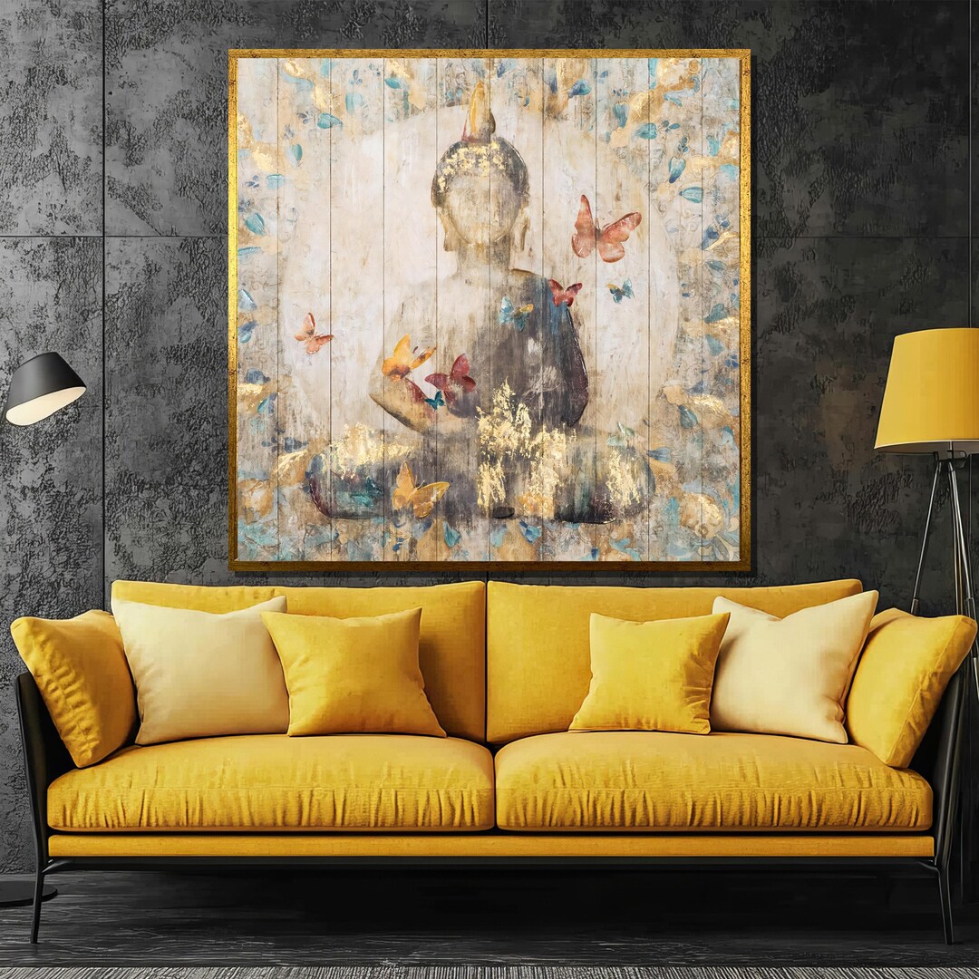 Rustic Buddha Canvas Painting With Butterflies | Tranquil Spiritual ...