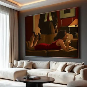 Vintage Noir Scene Canvas, Woman in Red Dress Wall Art, Retro Home Decor, Moody Interior Canvas, Cinematic Style Painting, Living Room