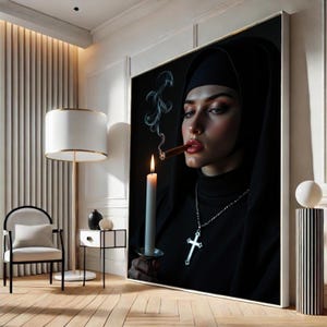 May include: A framed art print depicts a person in a black habit smoking a cigar, with a lit candle in the foreground. The person wears a cross necklace. The artwork is set in a modern interior with a floor lamp and side table.