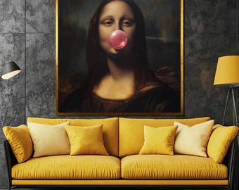Playful Mona Lisa Canvas Painting – Classic Art with a Modern Twist, Bubblegum Wall Art Gift for Art Lovers & Contemporary Home Decor