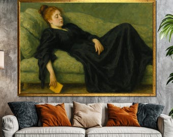 Elegant Woman in Black on Green Sofa Canvas Painting Gift – Victorian Style Wall Art for Book Lovers, Literary Home Décor Accent