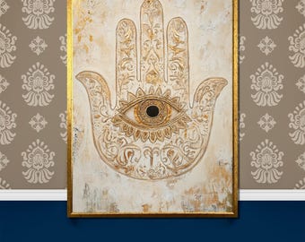 Elegant Hamsa Hand Canvas Painting with Eye Symbol | Spiritual Wall Art Gift for Bohemian Home Decor and Protection Energy