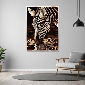 May include: A black and white zebra with black stripes drinks from a pool of water. The zebra's head is bent down to drink, and the water is rippling around its mouth.