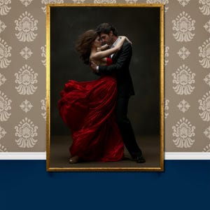 Cuadro en lienzo de una pareja romántica bailando: un apasionado vestido rojo, regalo artístico, elegante decoración de pared para el hogar, obra de danza moderna.