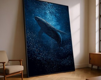 Whale Canvas Print: Starry Ocean Wall Art, Cosmic Fish