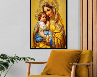 聖母子と聖ヨセフ 宗教画　金色フレーム付き 金色の光輪と青いマントをまとった聖母子のキャンバス画 - 大切な宗教