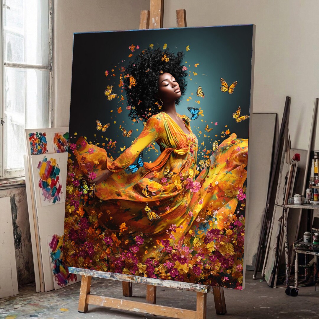 Vibrant Woman in Yellow Dress, Butterfly and Floral Dance Canvas ...