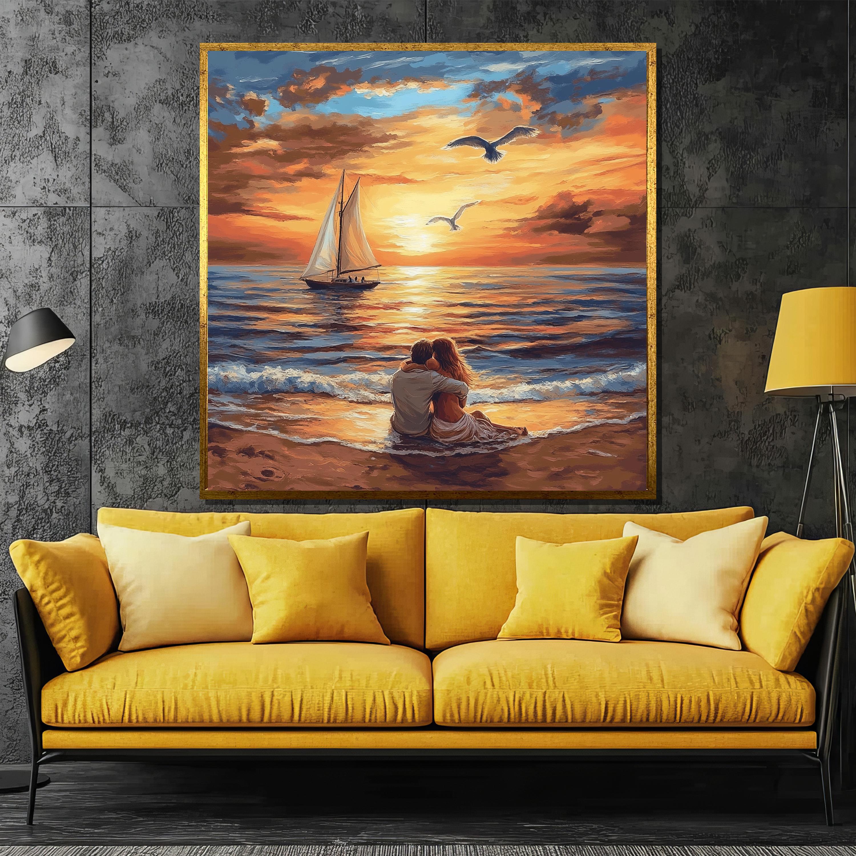 Romantic Sunset Dinner Canvas Painting With Couple Dining by the
