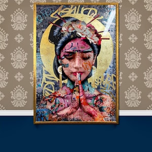 Pintura en lienzo de geisha japonesa con grafiti, retrato colorido inspirado en el arte callejero, regalo único para decoración de pared moderna y estética artística del hogar.