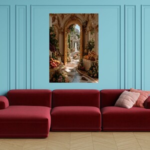 Verzierte Gartentorbogen-Leinwand, luxuriöse Blumenkorridor-Wandkunst, eleganter barocker Innendruck, klassische Gartenweg-Leinwand, fertig zum Aufhängen StretchedWood Canvas