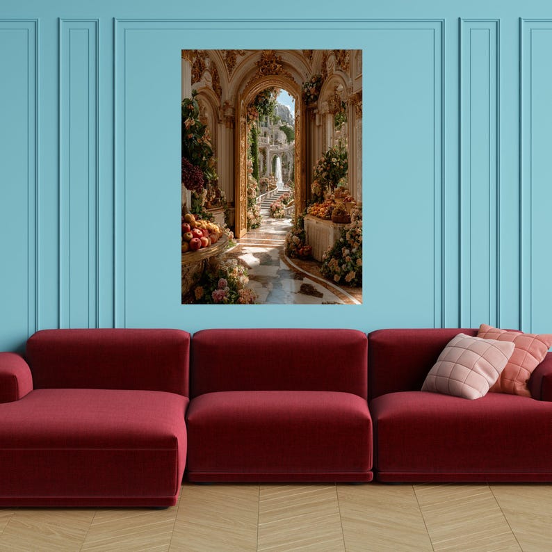 Verzierte Gartentorbogen-Leinwand, luxuriöse Blumenkorridor-Wandkunst, eleganter barocker Innendruck, klassische Gartenweg-Leinwand, fertig zum Aufhängen StretchedWood Canvas