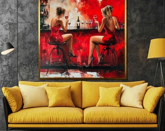 Red Dress Canvas Painting, Women Drinking Wine at Bar, Modern Abstract Art, Bold Red Wall Decor, Unique Gift for Art Lovers