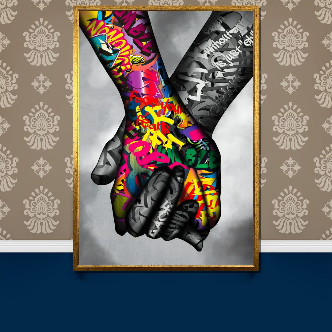 Vibrant Graffiti Holding Hands Canvas Painting - Bold Urban Art