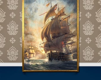 Historic Sailing Ship Canvas Painting, Nautical Maritime Decor Gift, Vintage Tall Ship Artwork for Elegant Ocean-Themed Wall Decor