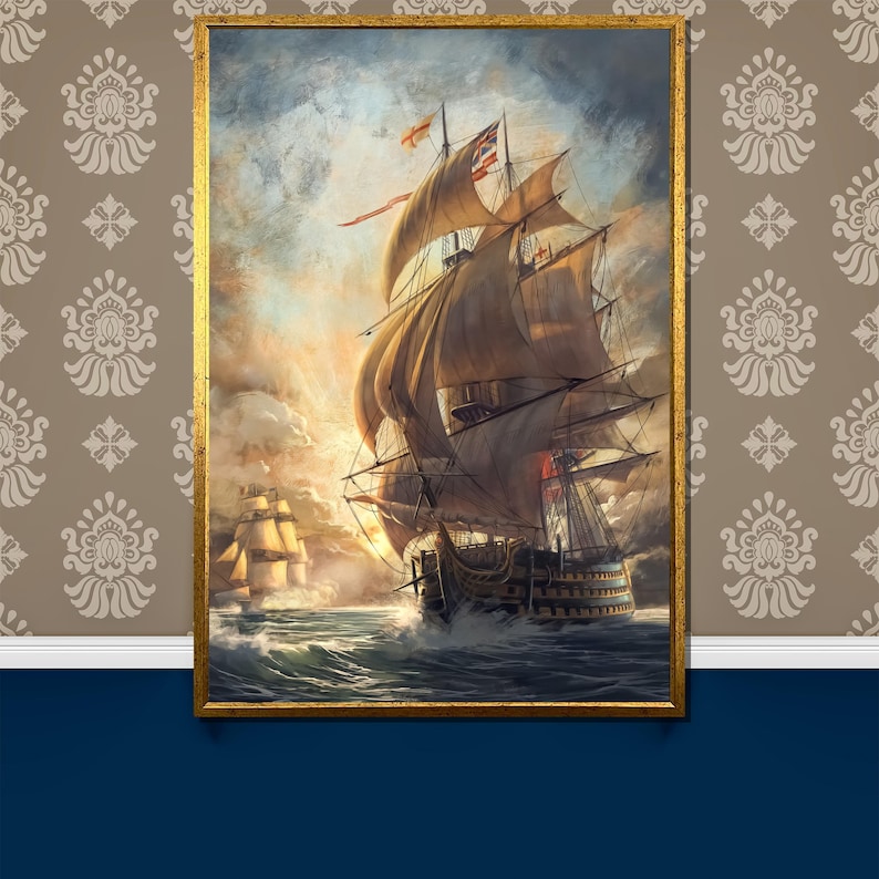 May include: A painting of a large sailing ship with billowing sails, framed in gold. The ship is sailing on a calm sea with a smaller ship in the distance. The sky is cloudy and the sun is shining.
