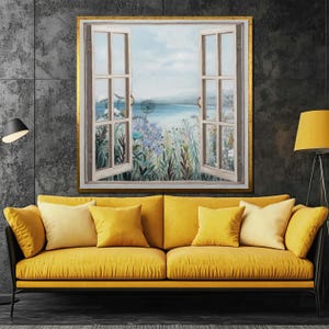 Open Window View Canvas Painting | Scenic Landscape Wall Art Gift, Serene Lake and Floral Garden Painting for Relaxing Home Decor