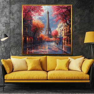 Autumn in Paris Canvas Painting – Eiffel Tower , Fall Foliage – Romantic Cityscape Wall Art