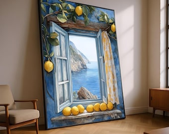 May include: Large framed artwork showing a window with a coastal view. The window is painted blue with open shutters, a yellow and white curtain, and lemons. The artwork is leaning against a wall, with a chair and cabinet in the background.