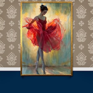 Op de afbeelding: Een schilderij van een ballerina die een rode tutu en spitsschoenen draagt. De ballerina staat in een sierlijke danspose met haar armen uitgestrekt. De achtergrond is een zachte, wazige, gele en blauwe achtergrond.