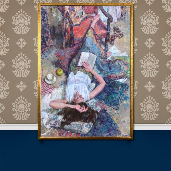 Pintura de una mujer leyendo: Chica relajada con un libro en el suelo, lienzo impresionista, acogedor arte mural para biblioteca en casa.