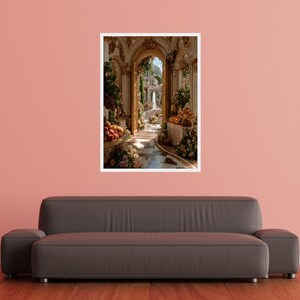Verzierte Gartentorbogen-Leinwand, luxuriöse Blumenkorridor-Wandkunst, eleganter barocker Innendruck, klassische Gartenweg-Leinwand, fertig zum Aufhängen White Frame