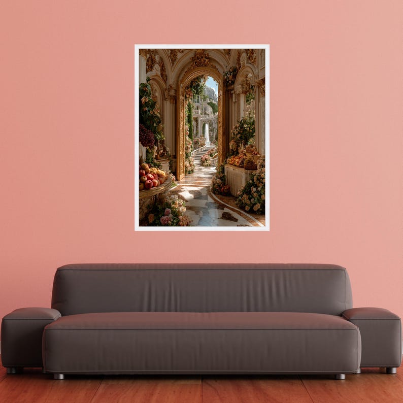 Verzierte Gartentorbogen-Leinwand, luxuriöse Blumenkorridor-Wandkunst, eleganter barocker Innendruck, klassische Gartenweg-Leinwand, fertig zum Aufhängen White Frame