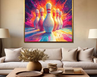 Colorful Bowling Canvas Painting, Striking Pins Wall Art, Game