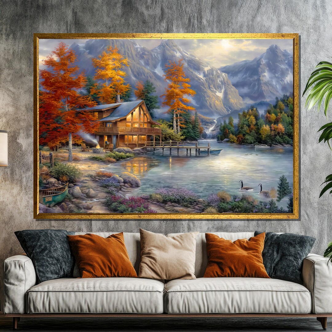 Mountain Cabin by the Lake Canvas Painting | Cozy Autumn Forest Retreat ...