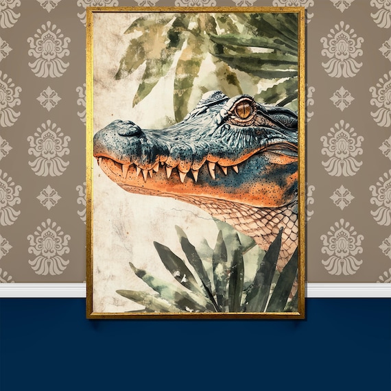 Alligator Canvas Painting - Vintage Jungle Wildlife Wall Art - Watercolor Safari Decor - Exotic Nature Print - Unique Gift for Animal Lovers