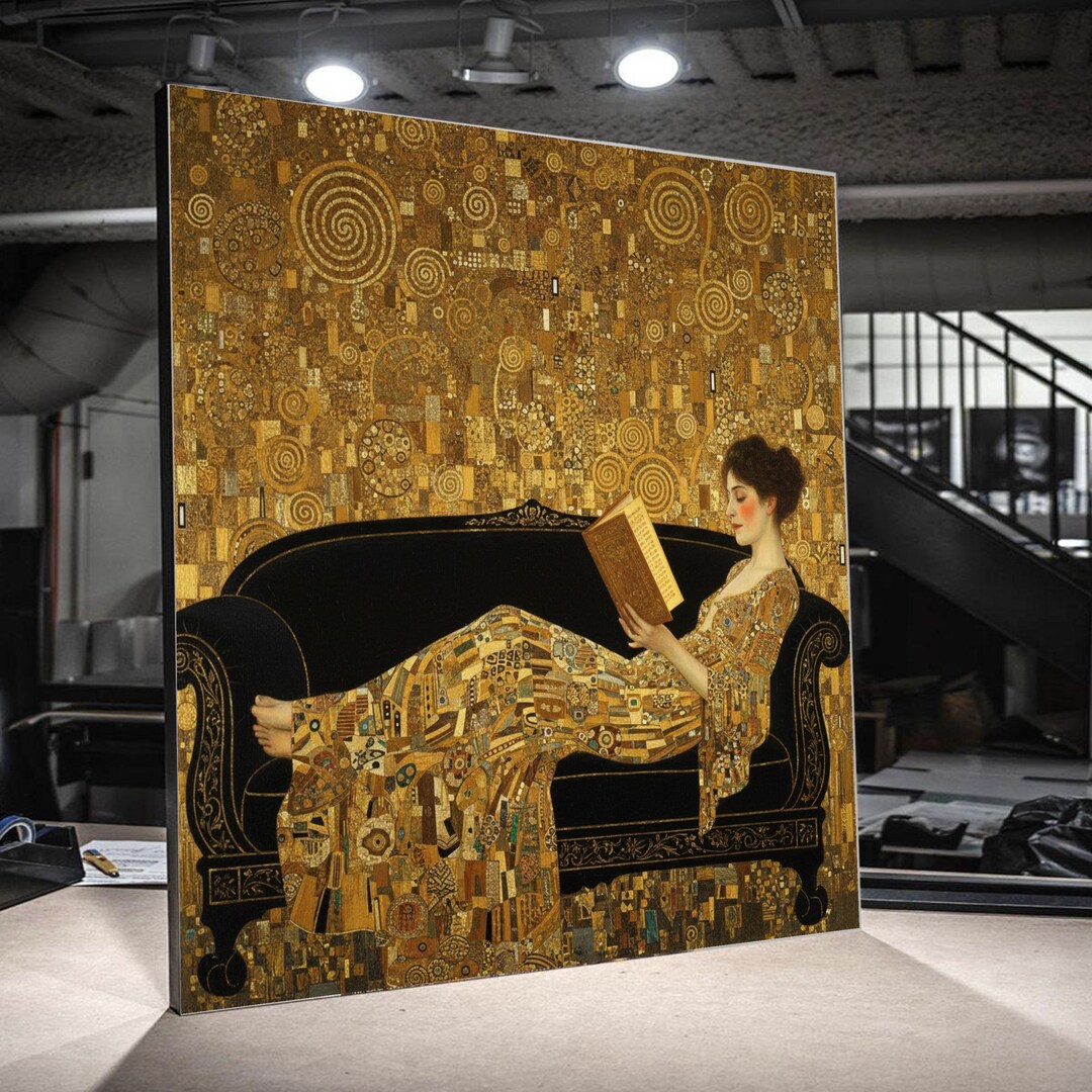 Gustav Klimt Reading Woman Canvas, Golden Art Nouveau Wall Art ...