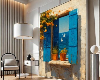 Fensterläden am Meer, Küstenlandschaft, Malerei auf Leinwand, Blumentopf Dekor, Sommer Haus Leinwanddruck