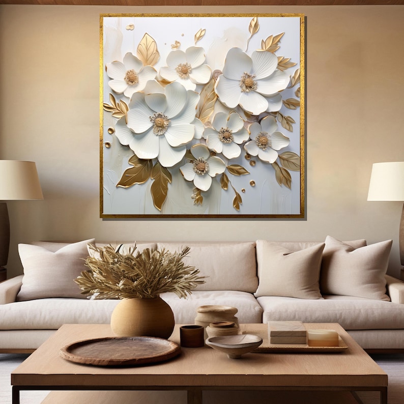 Luxurious White and Gold 3D Floral Canvas Painting - Modern Flower Wall ...