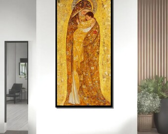 グスタフ・クリムト - 黄金の聖母の抱擁、華やかなモザイクの光背
