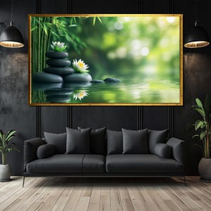Cuadro sobre lienzo de bambú y loto zen, arte mural con reflejos de agua tranquila, póster de naturaleza serena, decoración de spa de meditación, armonía verde relajante