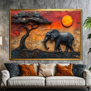 May include: A textured painting of an elephant walking through a savanna landscape with a tree and a large red sun in the background.
