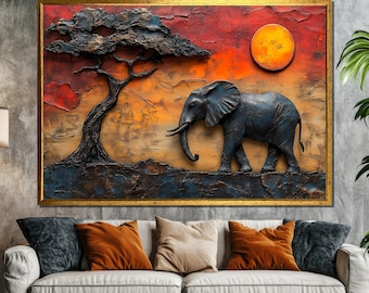 African Elephant Canvas Painting | Sunset Safari Scene with Textured Tree & Sun | Unique Wall Art Gift for Nature Lovers