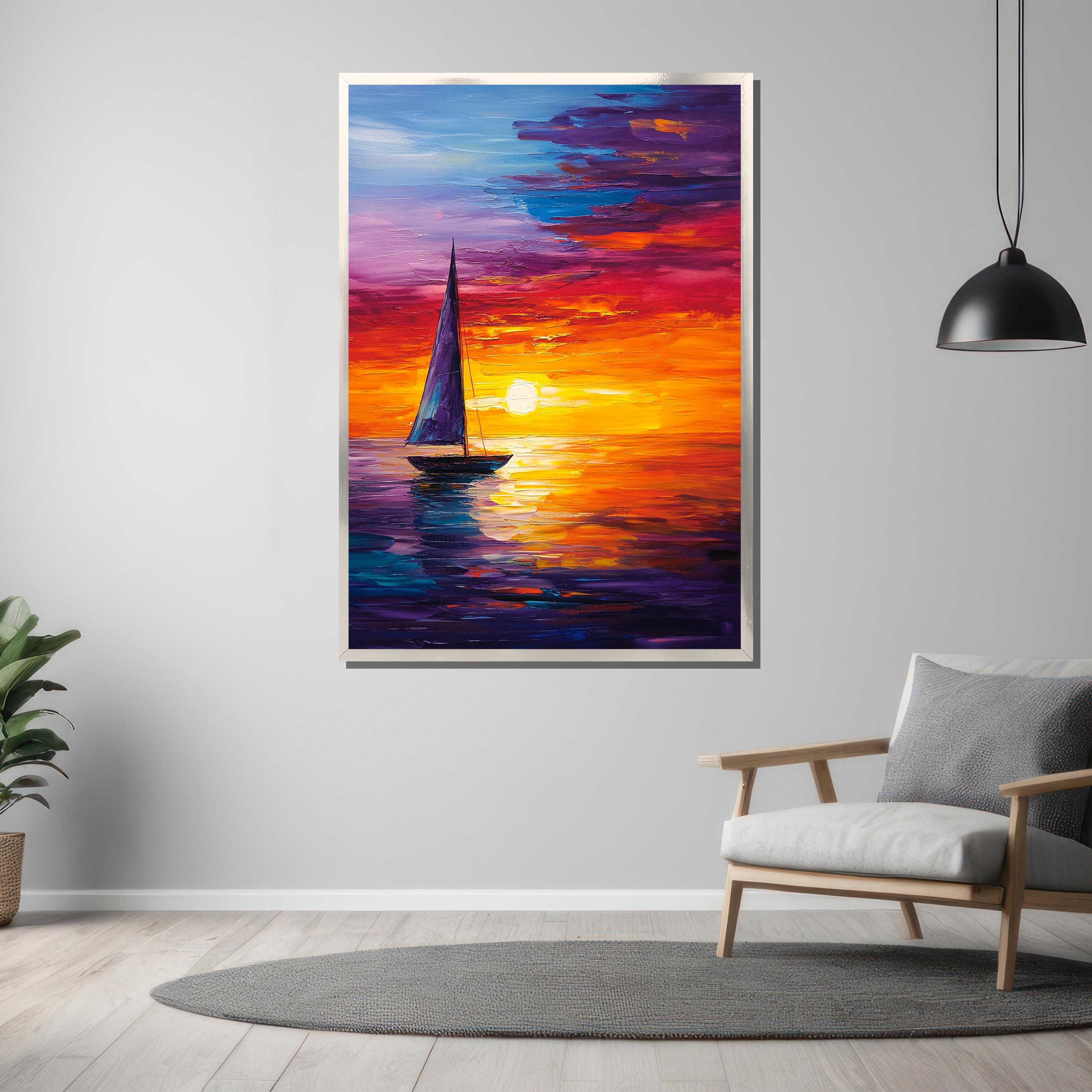 Quadro Acrilico Su Tela YS-Art 'L'Alba Sul Mare' - 200x100 Cm, Barche A Vela, Dipinto A Mano, Pronto Da Appendere