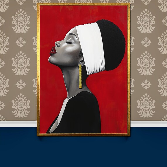 Modern African Woman Portrait Canvas Painting, Bold Red Background Art Gift, Minimalist Black and White Headwrap Wall Decor for Home