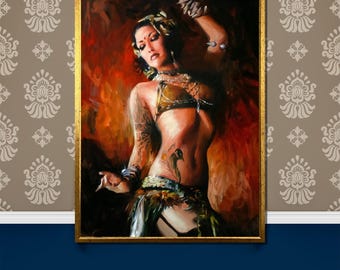 Exotic Belly Dancer Canvas Painting - Vibrant Oriental Dance Wall Art - Unique Cultural Gift for Home and Art Enthusiasts