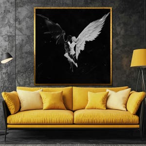 Cuadro en lienzo "Abrazo de ángel y demonio": arte mural simbólico en blanco y negro, ideal para amantes de la decoración oscura y mística.