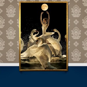 Graceful Swan Ballet Canvas Painting - Elegant Dance Art Gift with Moonlit Swans for Luxurious Home and Ballet-Inspired Decor