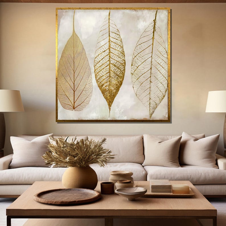Elegant Gold Leaf Canvas Painting - Minimalist Botanical Wall Art Gift ...