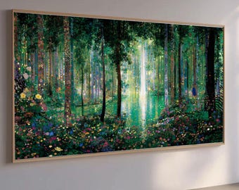 Magisch boslicht, canvas Gustav Klimt, betoverde bosscène, bloemen natuur kunst aan de muur, levendig boomlandschap canvas