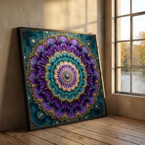 May include: A framed, ornate mandala art piece. The artwork features a symmetrical design with teal, purple, and gold accents. The mandala is leaning against a wall near a window overlooking a body of water.