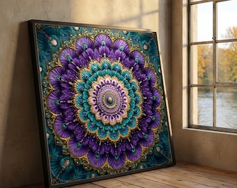 Ornate Mandala Design Canvas, Purple Teal Wall Art, Gold Accent Decor, Intricate Floral Pattern, Bohemian Style Canvas, Ready to Hang