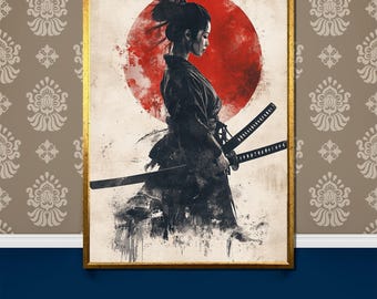 Samurai Woman Canvas Painting Gift, Japanese Warrior Art, Bold Red Sun Circle Wall Decor, Modern Martial Arts Inspired Artwork