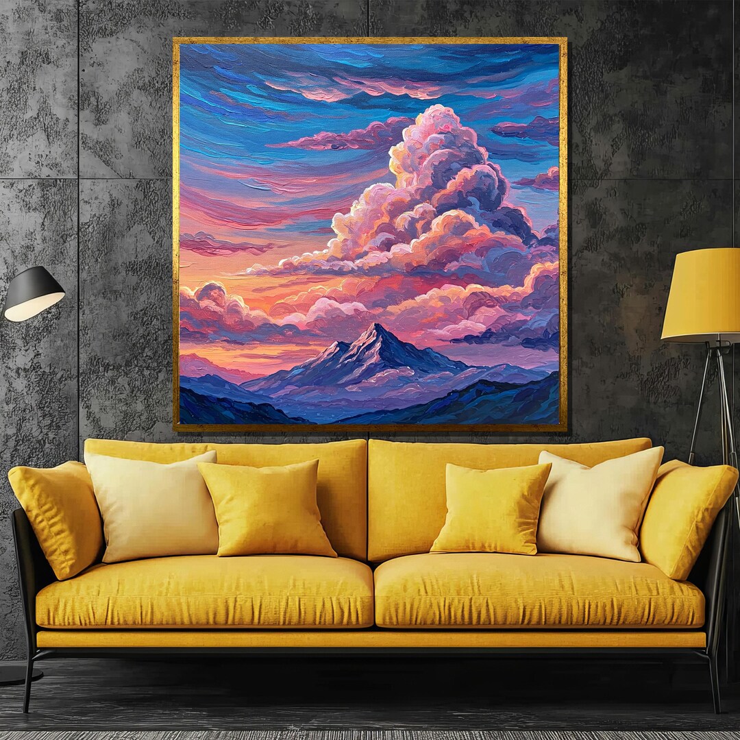 Majestic Mountain and Colorful Clouds Canvas Painting, Sunset Landscape ...