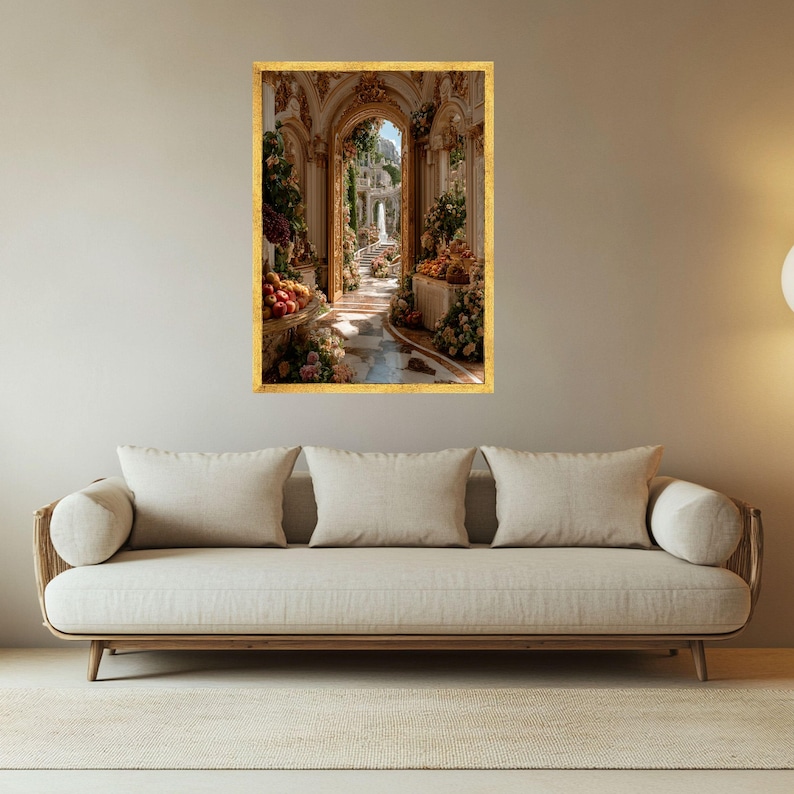 Verzierte Gartentorbogen-Leinwand, luxuriöse Blumenkorridor-Wandkunst, eleganter barocker Innendruck, klassische Gartenweg-Leinwand, fertig zum Aufhängen Gold Frame
