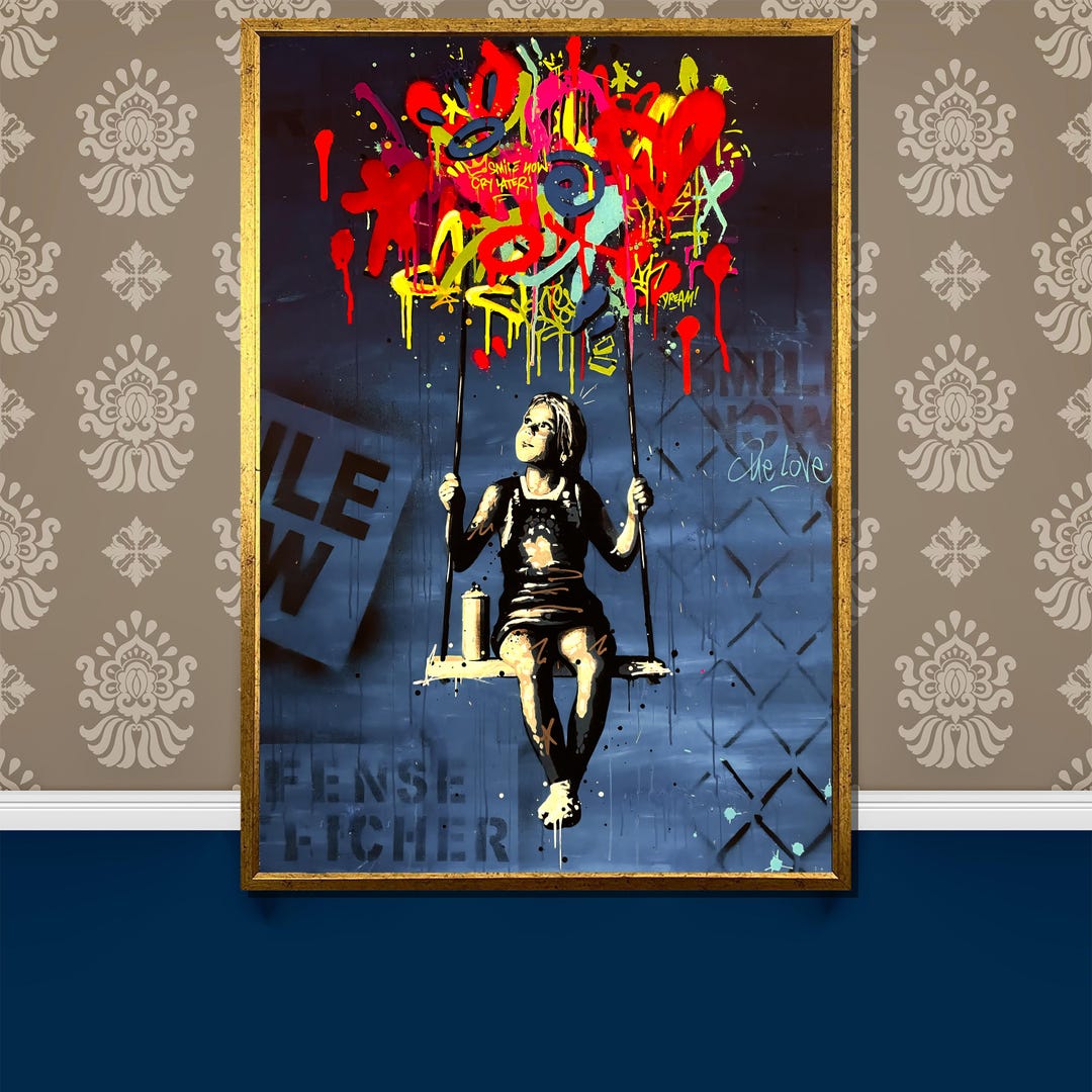Graffiti Art Girl on Swing Canvas Painting - Bold Urban Wall Decor ...